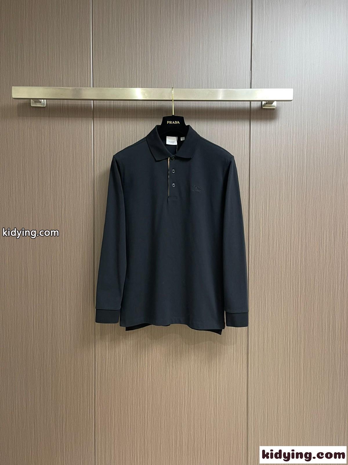 ロングスリーブ コットン ポロシャツ バーバリー Tシャツ コピー ブラック-1