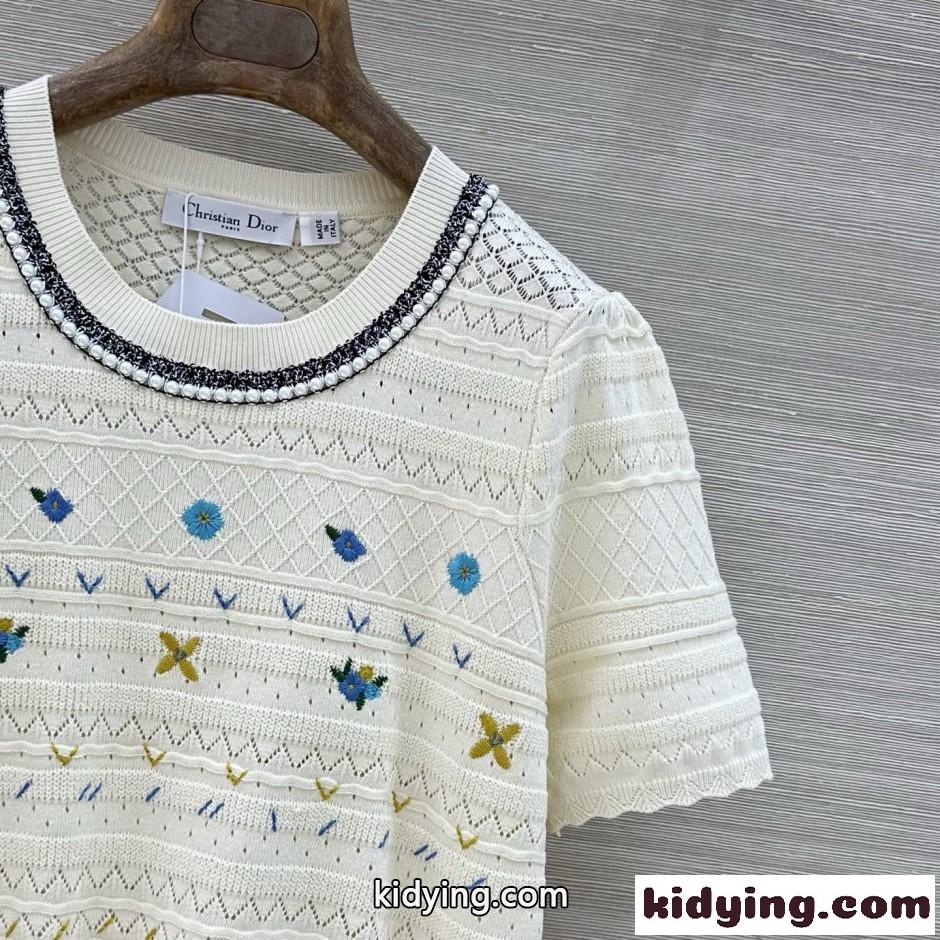 透かし編み 刺繍入り 半袖ニット クリスチャン・ディオール ニット 偽物 アイボリー-2