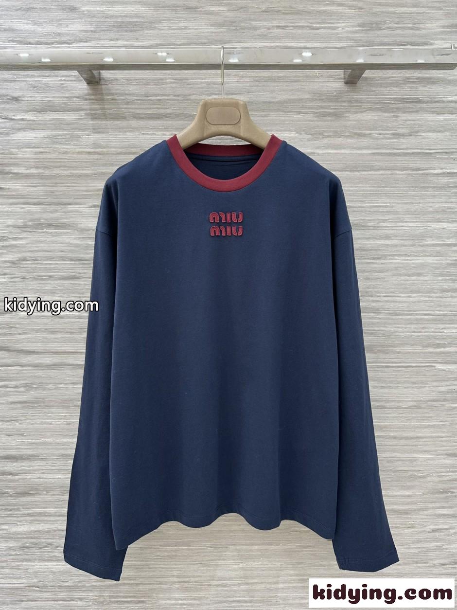 ロゴ入り コットン 長袖Tシャツ ミュウミュウ Tシャツ コピー クルーネック-2