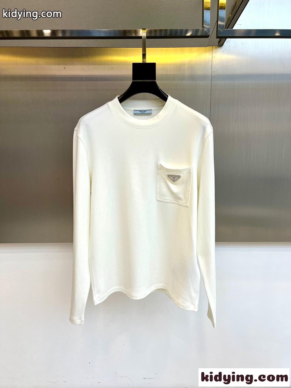 トライアングルロゴ ポケット付 長袖Tシャツ プラダ Tシャツ 偽物 コットン ホワイト-0