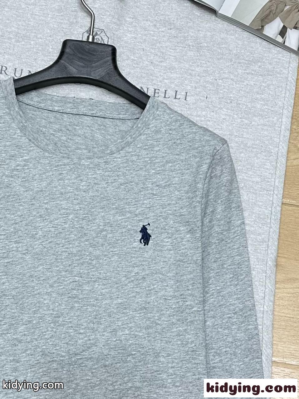 シンプル ロゴ刺繍 コットン 長袖Tシャツ ラルフローレン Tシャツ コピー グレー-1