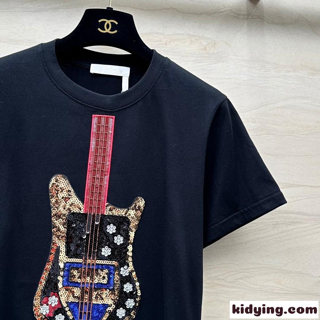 スパンコール 刺繍入り 半袖Tシャツ クロエ Tシャツ コピー クルーネック-4
