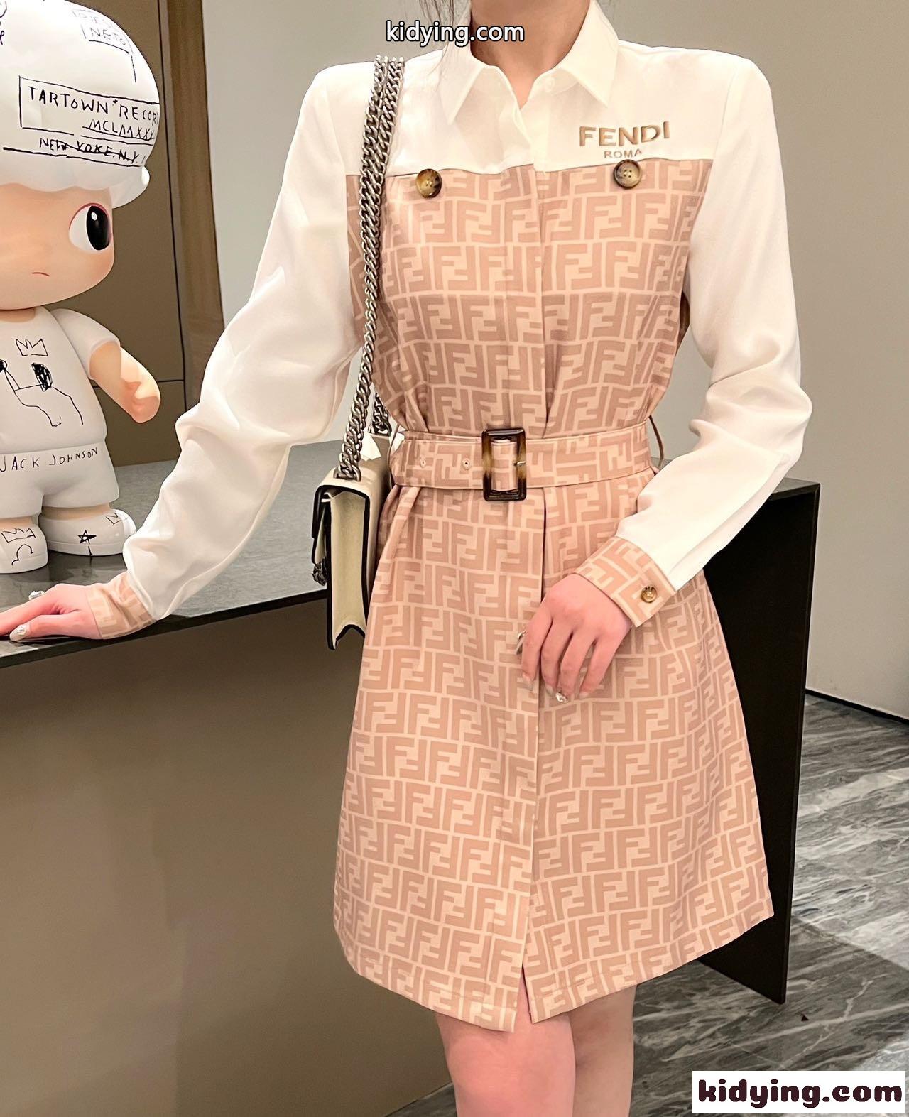 フェンディ ワンピース コピー 長袖 カジュアル FFロゴ ベルト付き シャツワンピース-5