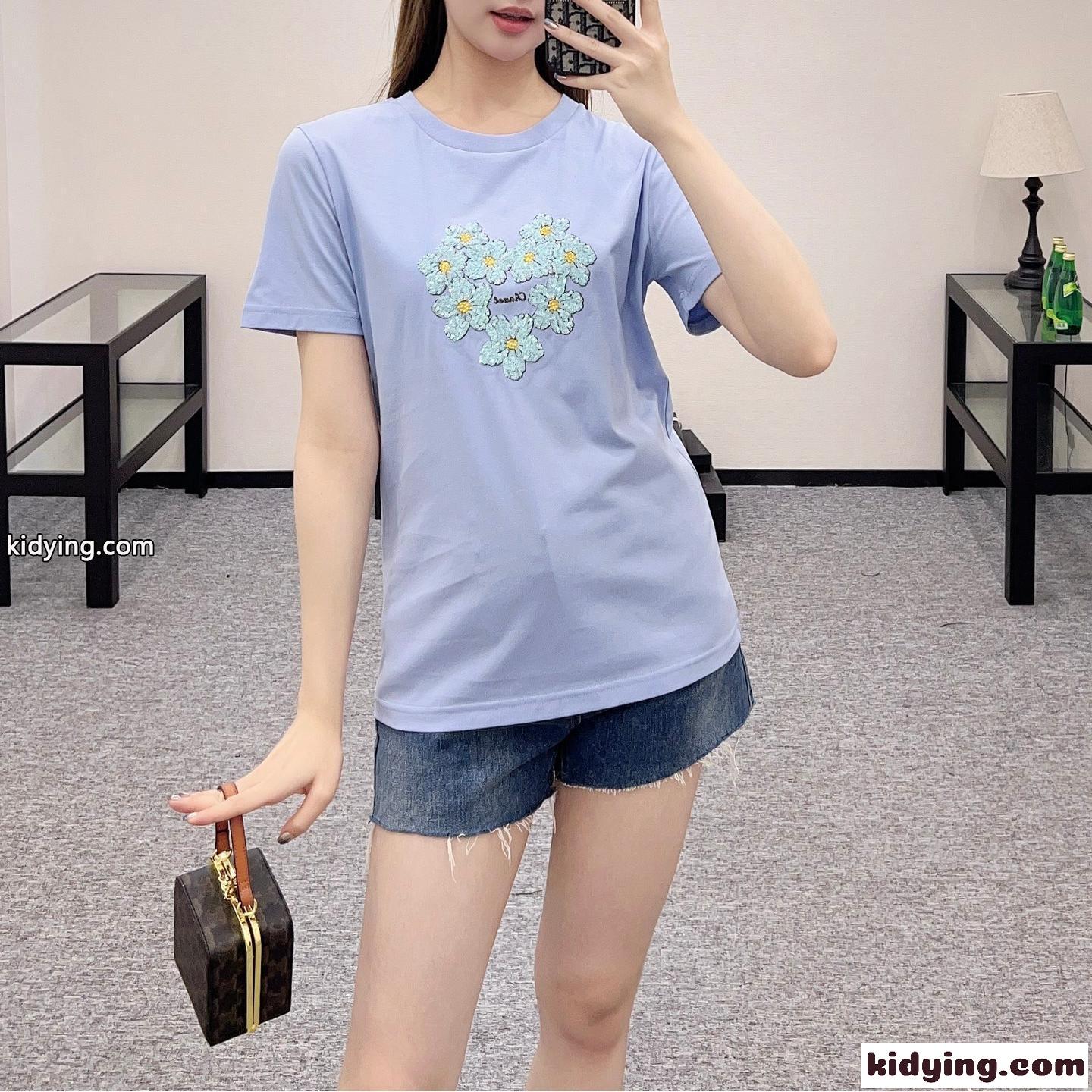 シンプル コットン 半袖Tシャツ シャネル Tシャツ スーパーコピー ライトパープル-0