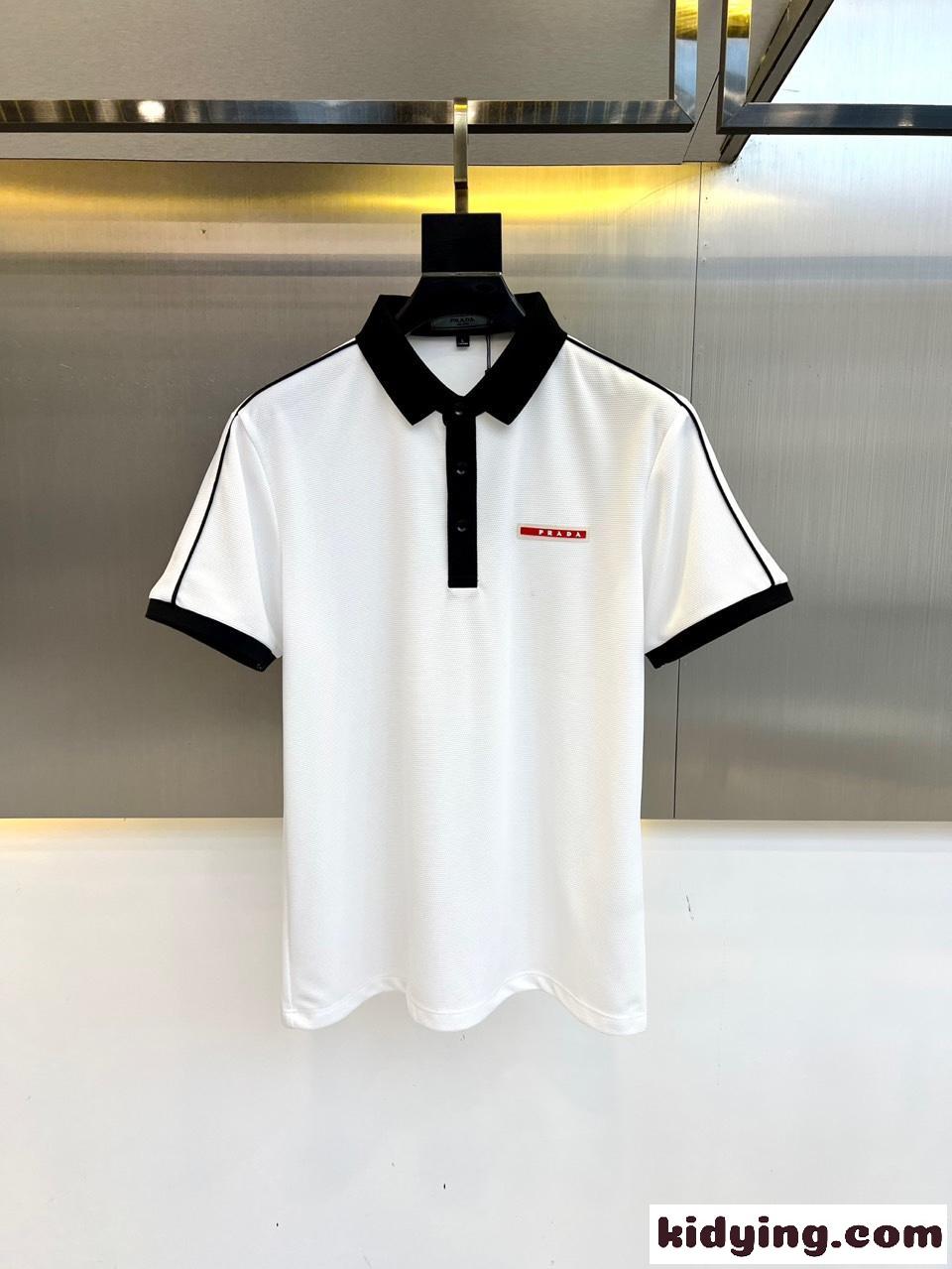 カジュアル バイカラー ポロシャツ プラダ Tシャツ 偽物 半袖トップス ホワイト-0