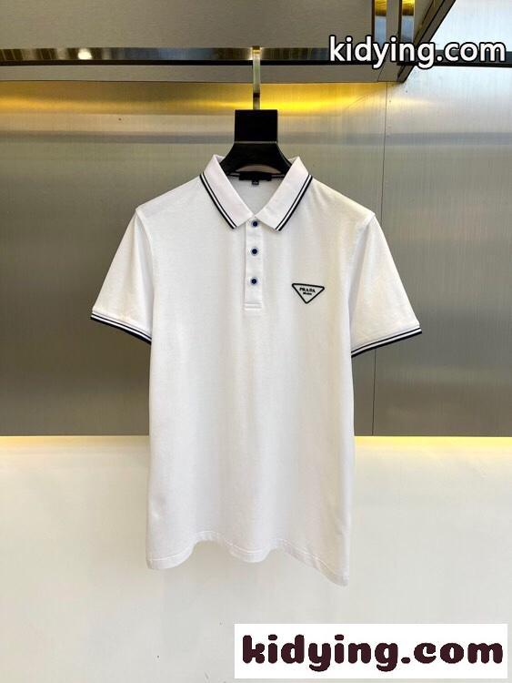 定番 快適 ロゴ コットンピケ 半袖 ポロシャツ プラダ Tシャツ コピー メンズ ホワイト-0