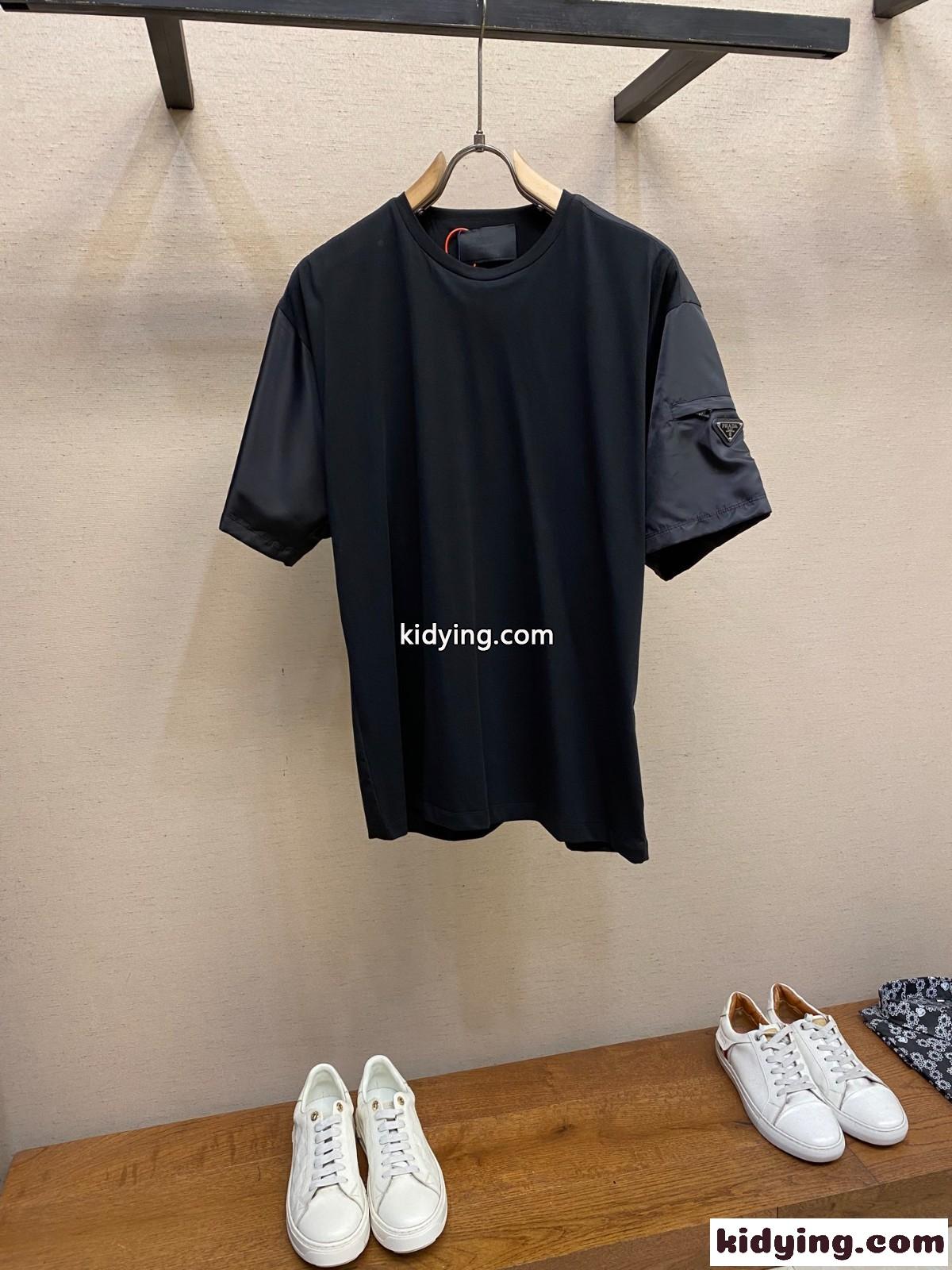 異素材 切り替え 半袖Tシャツ プラダ Tシャツ 偽物 カジュアル トップス-0