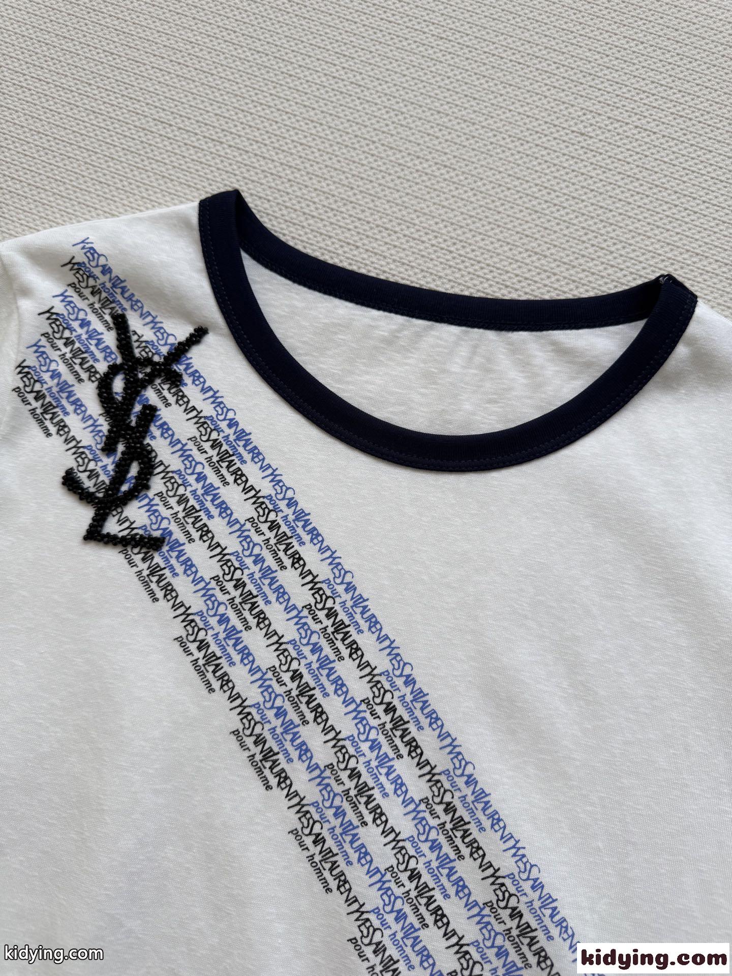 カジュアル コットン 配色 半袖Tシャツ イヴ・サンローラン Tシャツ コピー ホワイト-1