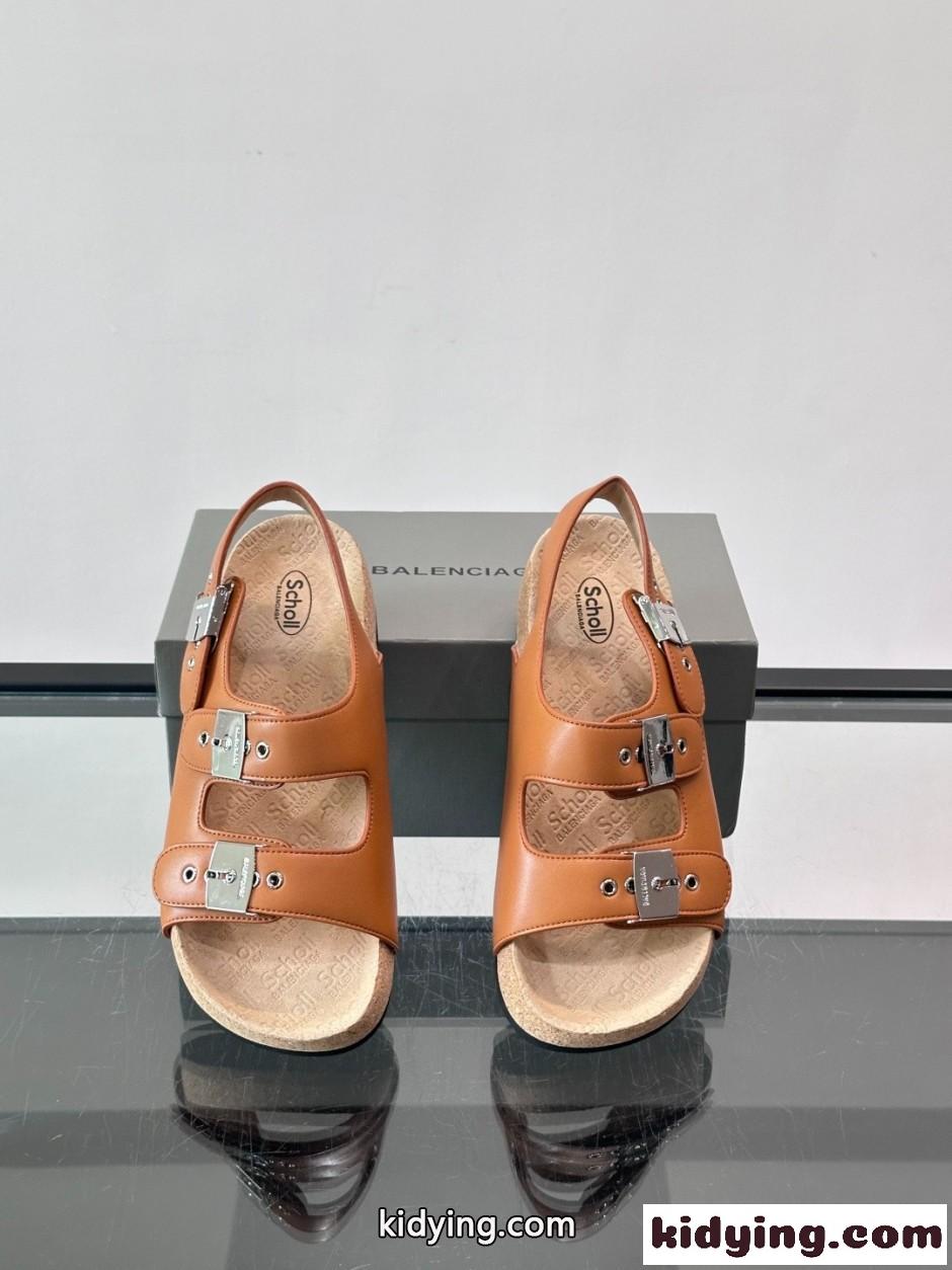 バレンシアガ x Scholl レザー サンダル スーパーコピー 人気 ブラウン-2