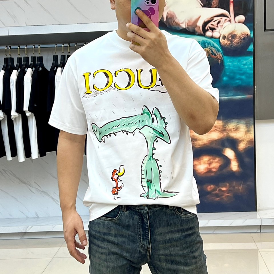 カジュアル プリント クルーネック グッチ Tシャツ 偽物 半袖トップス ホワイト-2