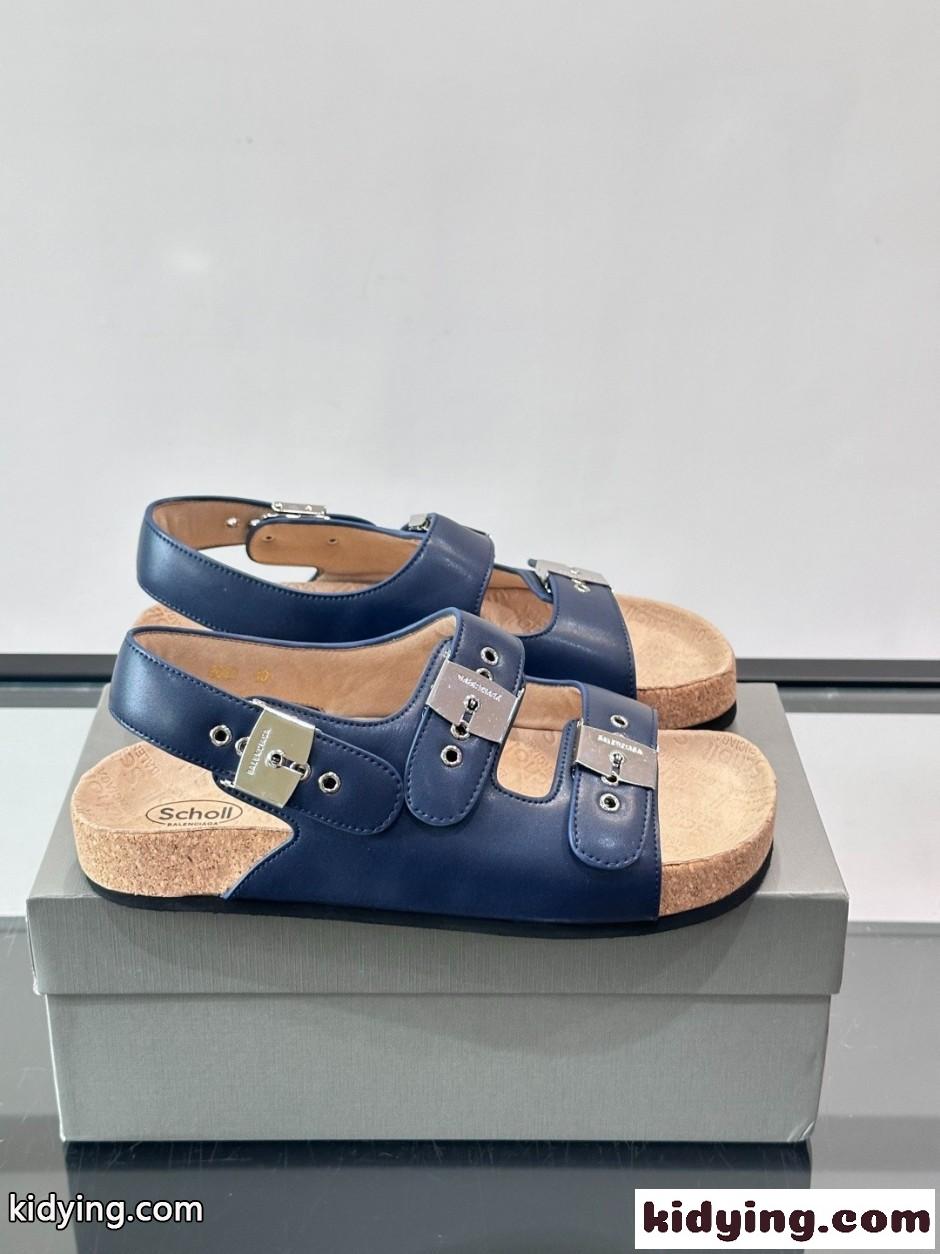 バレンシアガ x Scholl レザー サンダル カジュアル 人気 スーパーコピー ブルー-0