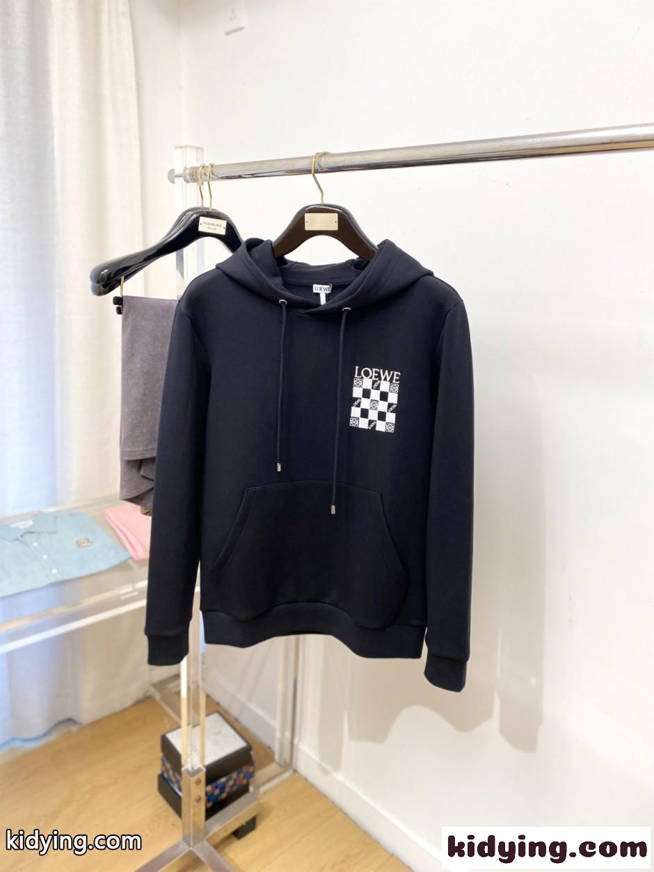 カジュアル ロゴ刺繍 コットン フーディー ロエベ パーカー 偽物 ブラック-0