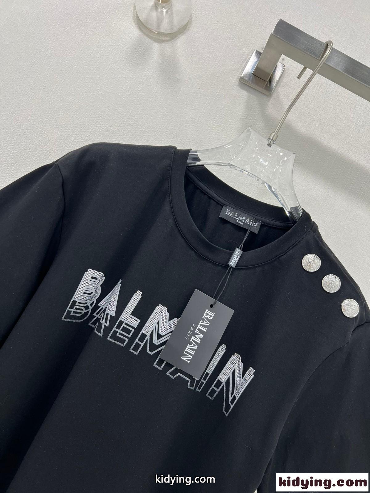 バルマン Tシャツ コピー ラインストーン ロゴ 半袖Tシャツ ブラック-5