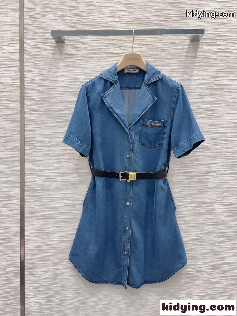 洗練された ベルト付き デニム シャツドレス ミュウミュウ ワンピース 偽物 ブルー-0