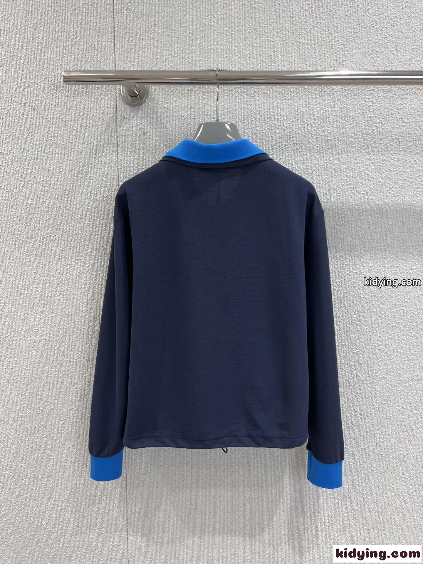 上品 カジュアル 配色 プラダ Tシャツ 偽物 長袖ポロシャツ ネイビー-1