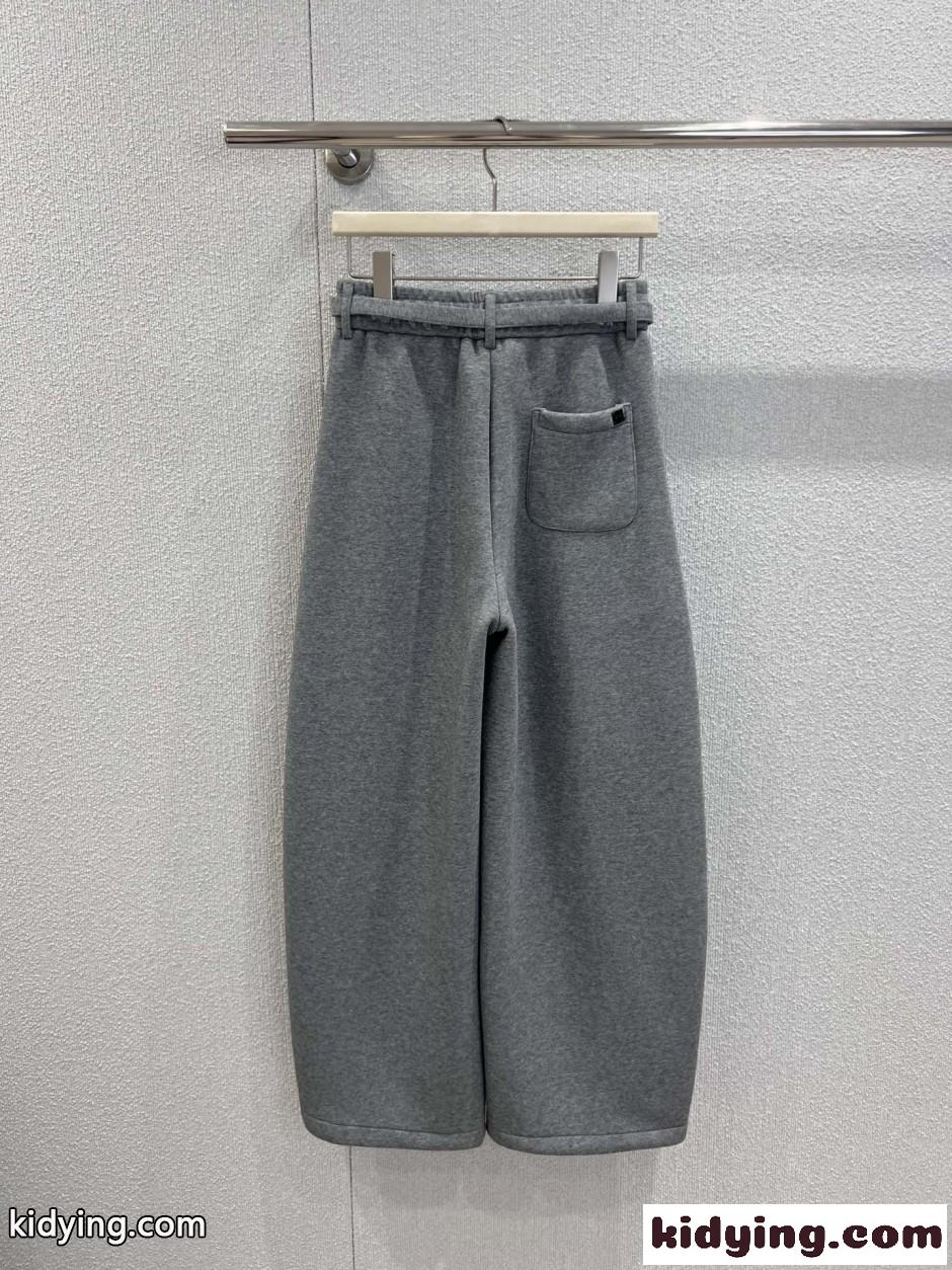 ベルト付き ロエベ パンツ 偽物 リラックス 裏起毛 ワイドパンツ グレー-1