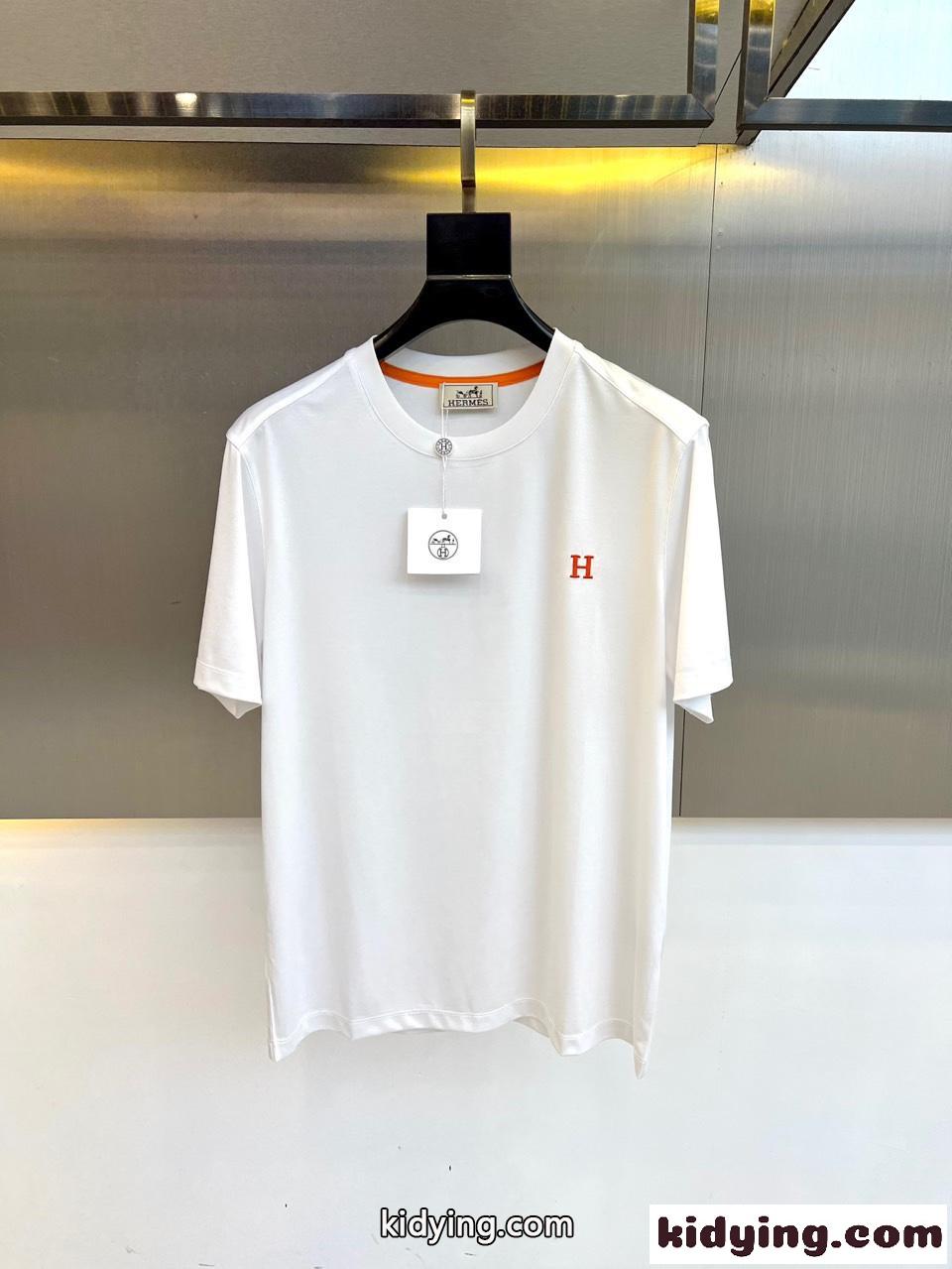シンプル ロゴ刺繍 クルーネック 半袖Tシャツ エルメス Tシャツ 偽物 ホワイト-1