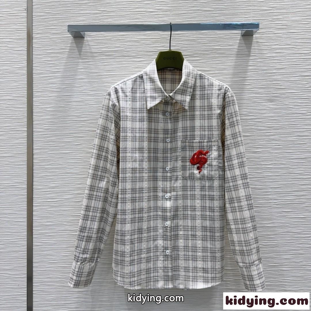 ユニセックス チェック柄 長袖シャツ グッチ シャツ コピー 刺繍入り-1