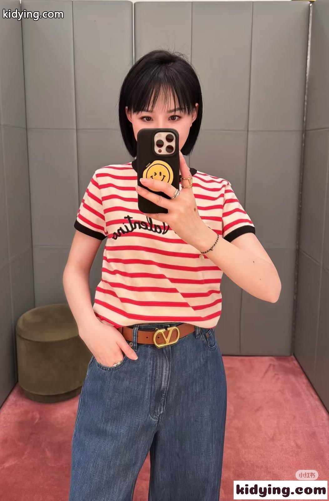 ボーダー柄 コットン 半袖Tシャツ ヴァレンティノ Tシャツ コピー レッド-4