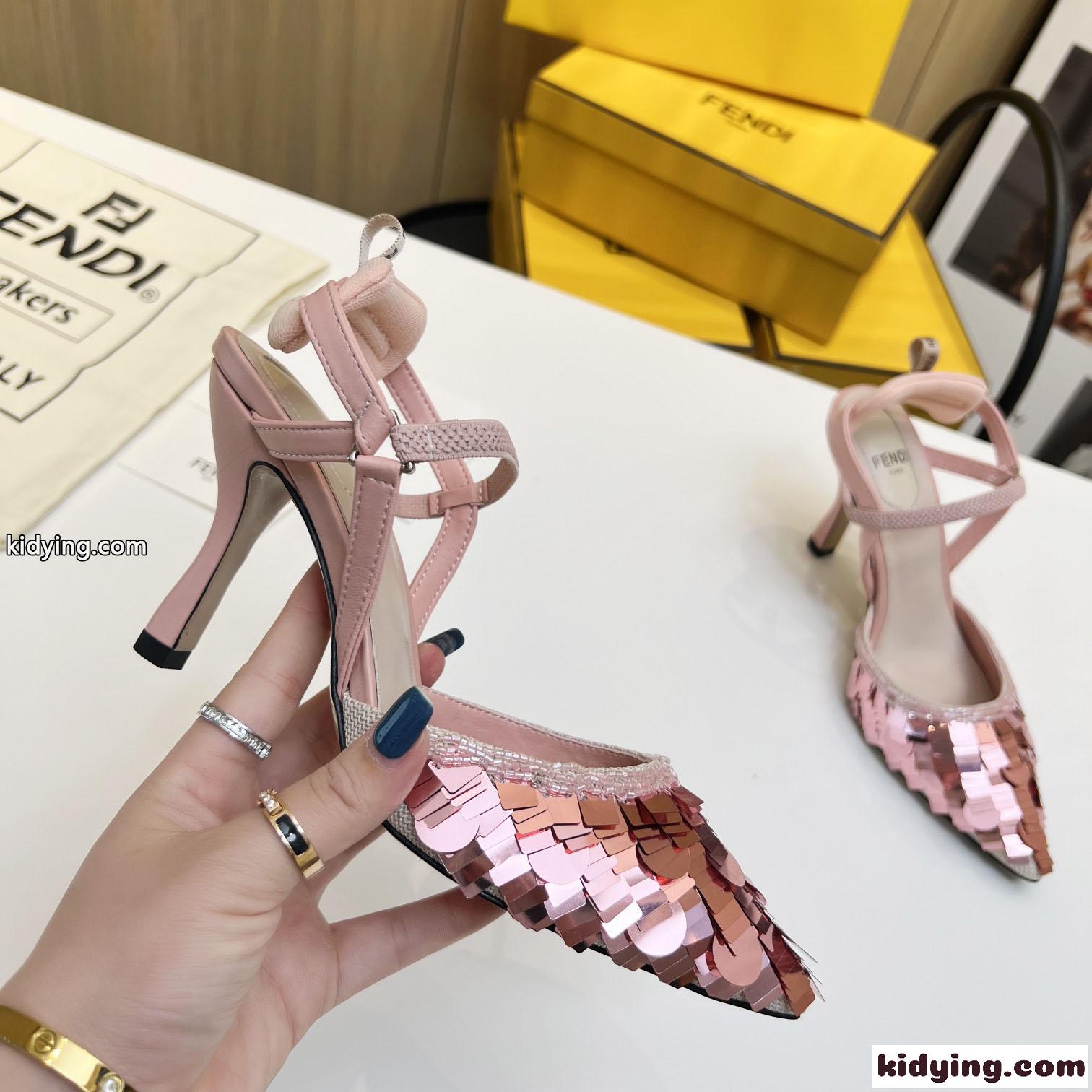 ピンクスパンコール スリングバックシューズ ハイヒール フェンディ サンダル コピー レディース-0