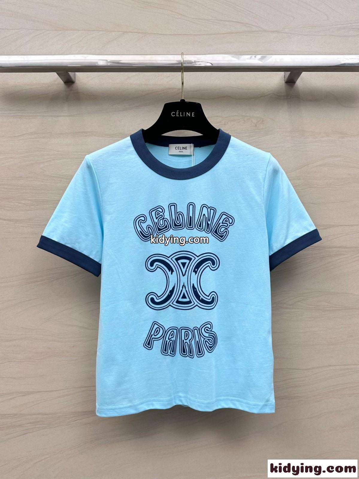 定番 人気 ロゴ クルーネック 半袖Tシャツ セリーヌ Tシャツ コピー ブルー-2