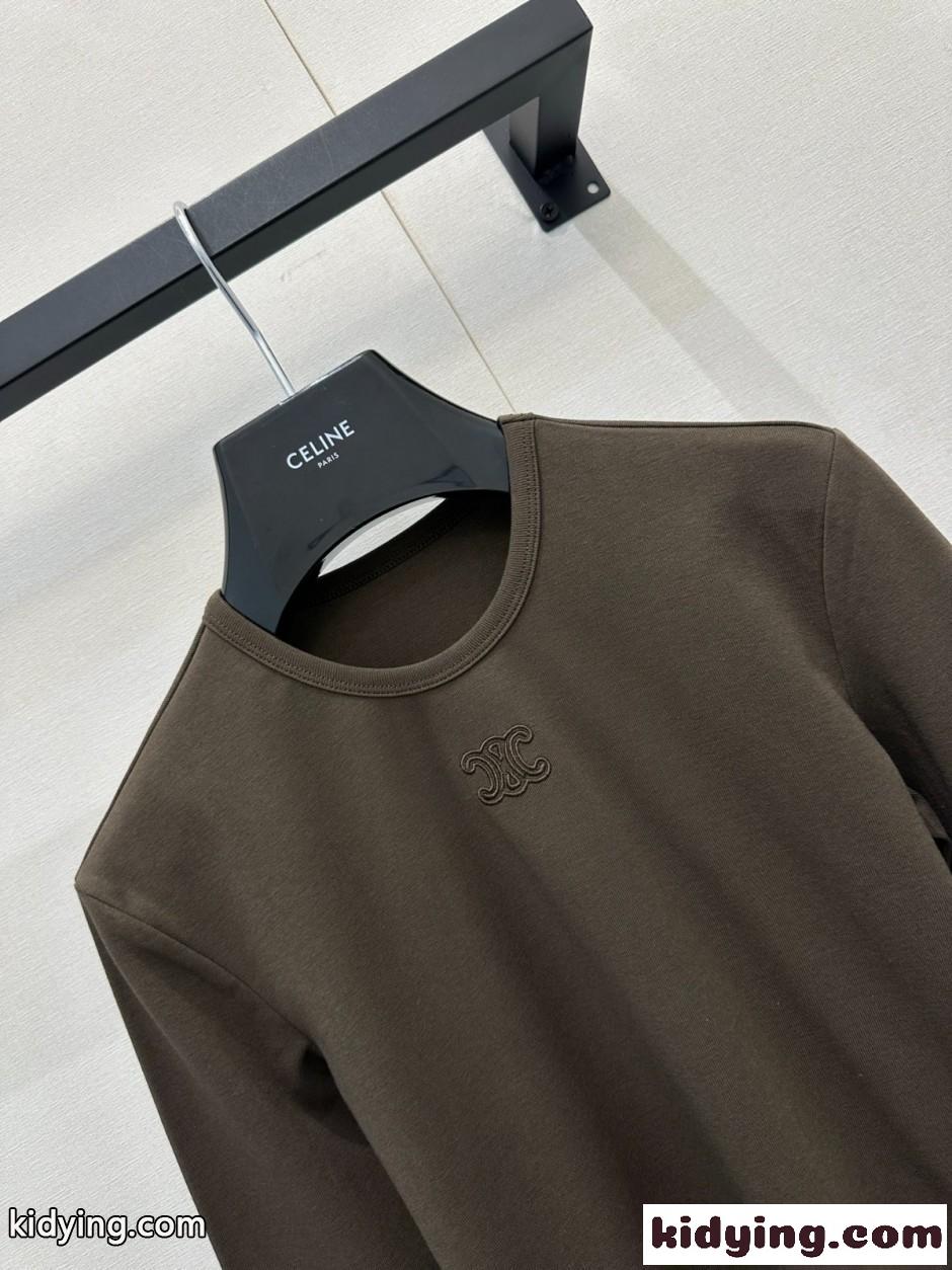 シンプル トリオンフ 長袖Tシャツ セリーヌ Tシャツ コピー ダークブラウン-2