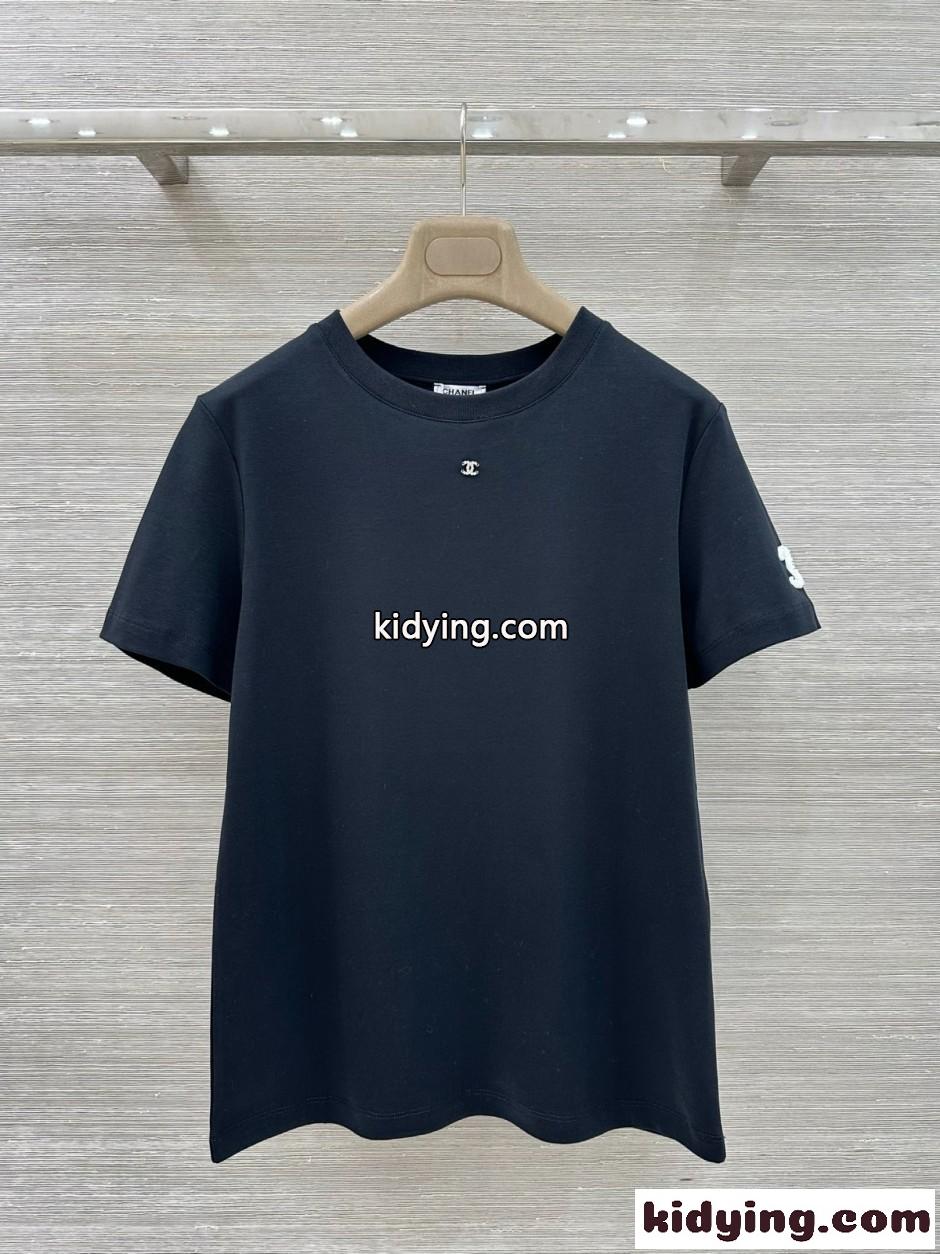 シンプル コットン 半袖Tシャツ シャネル Tシャツ コピー クルーネック ブラック-0
