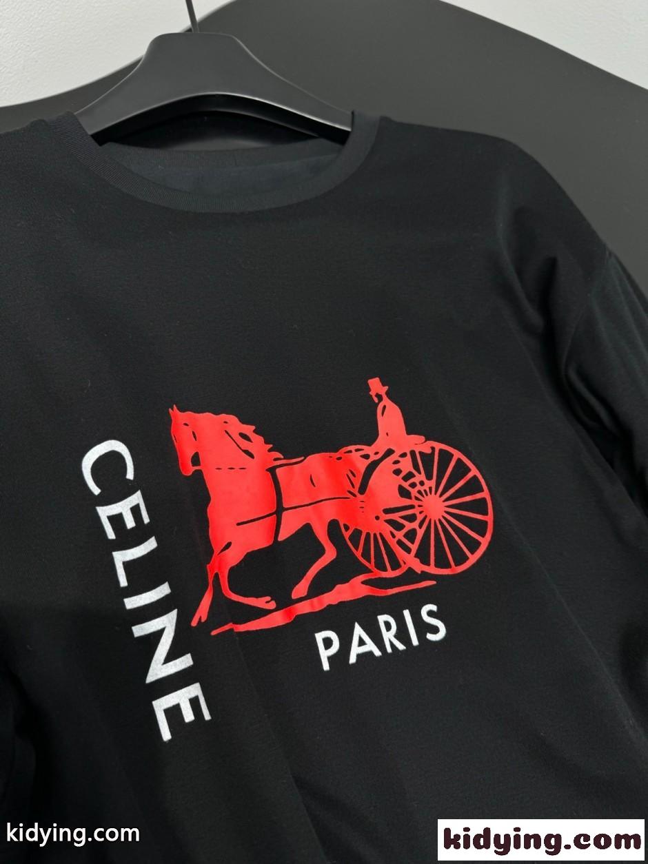 ロゴプリント フェイクレイヤード 長袖Tシャツ セリーヌ Tシャツ 偽物 ブラック-2
