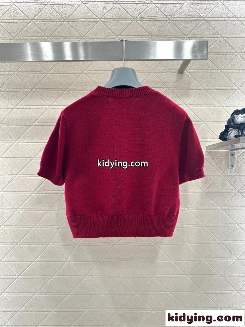 シンプル 上品 ロゴ刺繍 ウール 半袖ニット プラダ セーター 偽物 レッド-2
