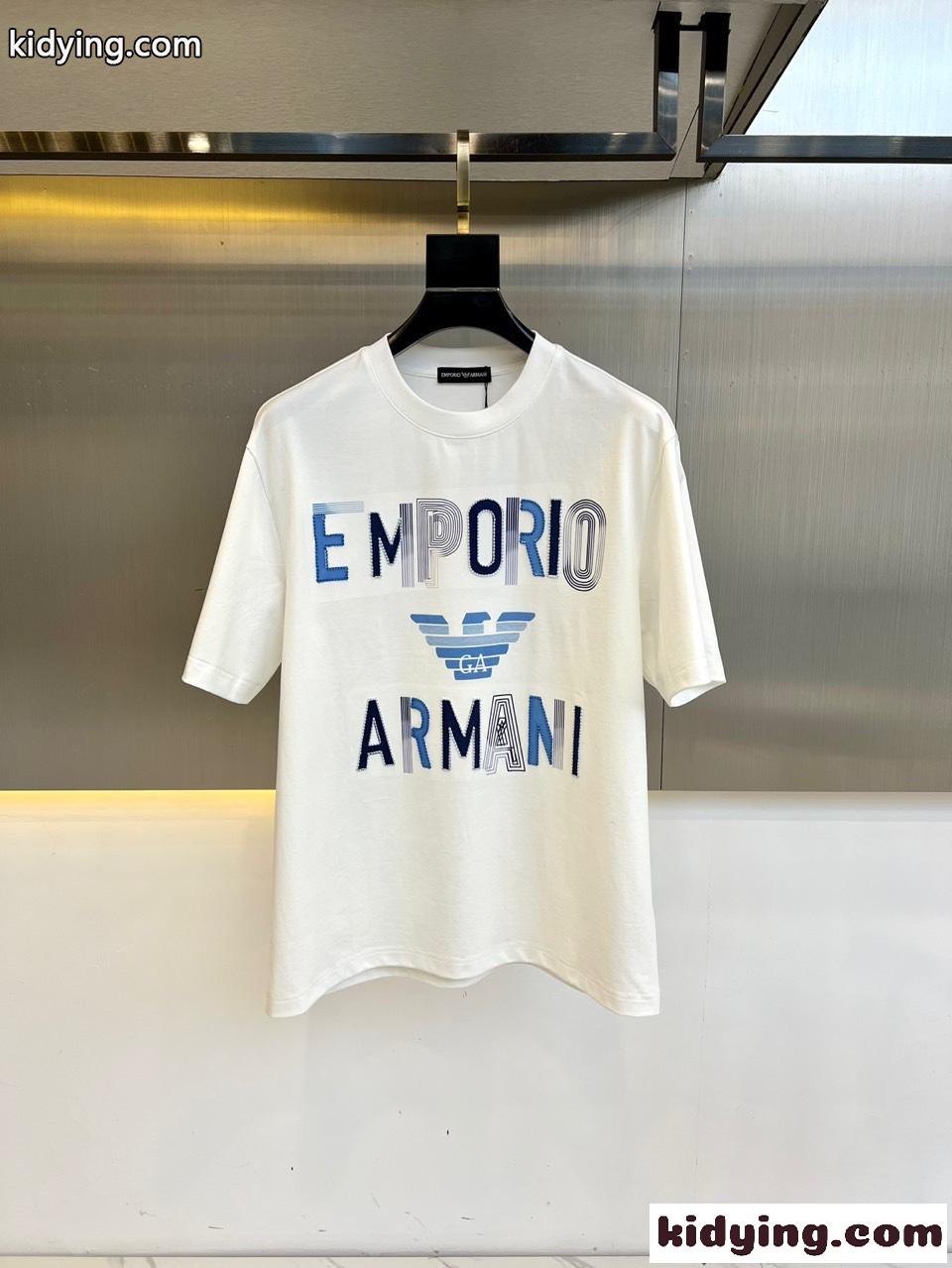 カジュアル コットン 半袖Tシャツ アルマーニ Tシャツ コピー クルーネック ホワイト-0