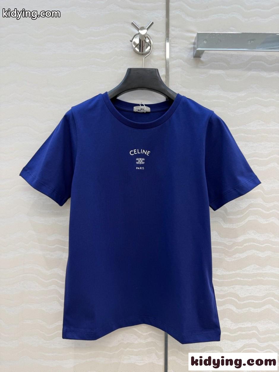 シンプル コットン ロゴ入り 半袖Tシャツ セリーヌ Tシャツ 偽物 ブルー-0