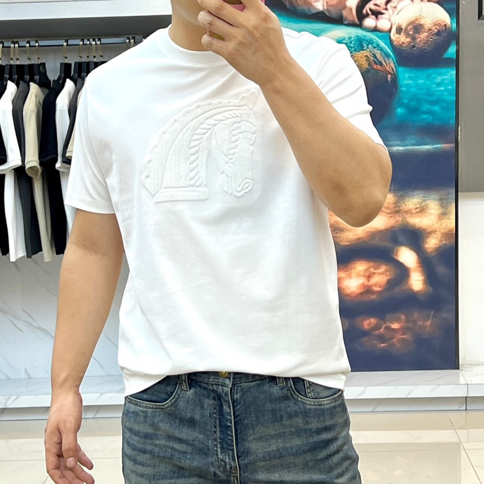 シンプル 上品 コットン クルーネック エルメス Tシャツ 偽物 半袖トップス ホワイト-2