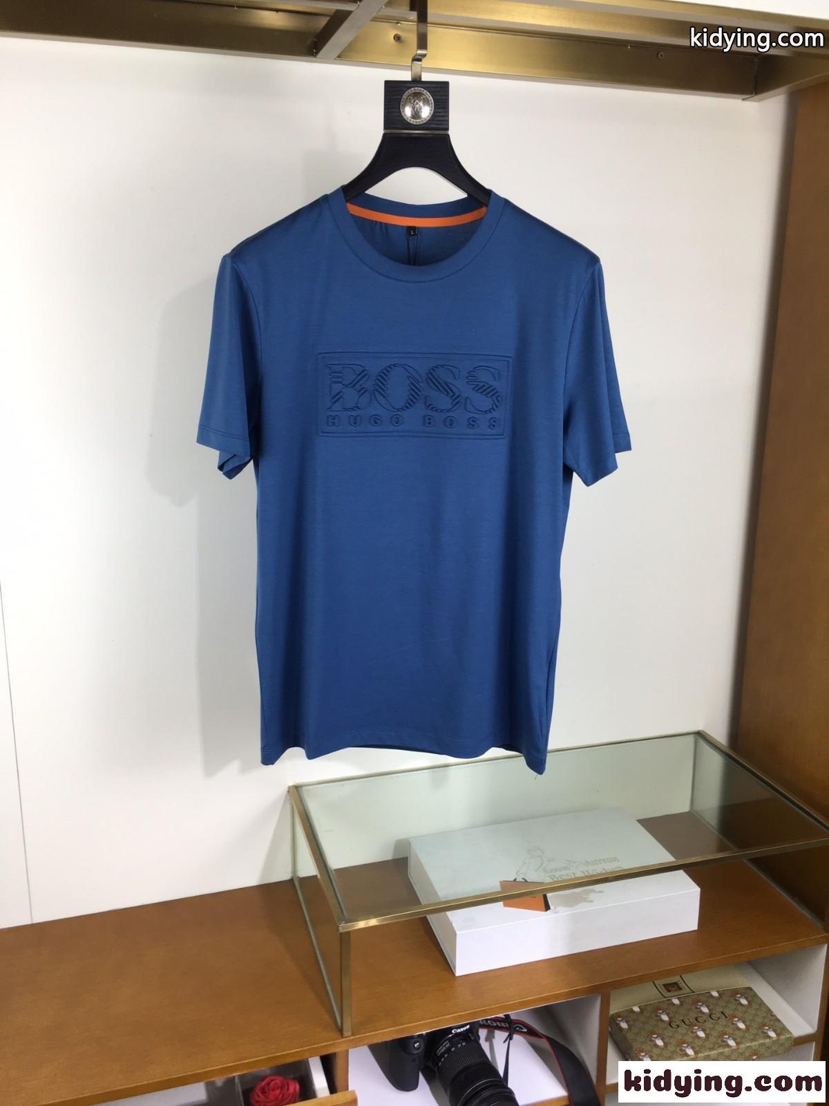 エンボスロゴ シルケットコットン 半袖Tシャツ ヒューゴ・ボス Tシャツ コピー ブルー-0