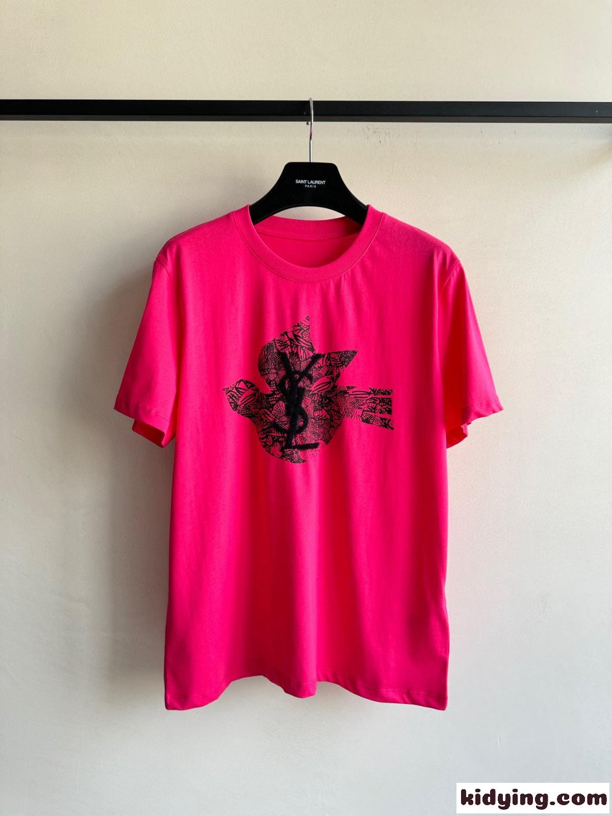 シンプル ロゴ プリント 半袖Tシャツ イヴ・サンローラン Tシャツ コピー ピンク-0