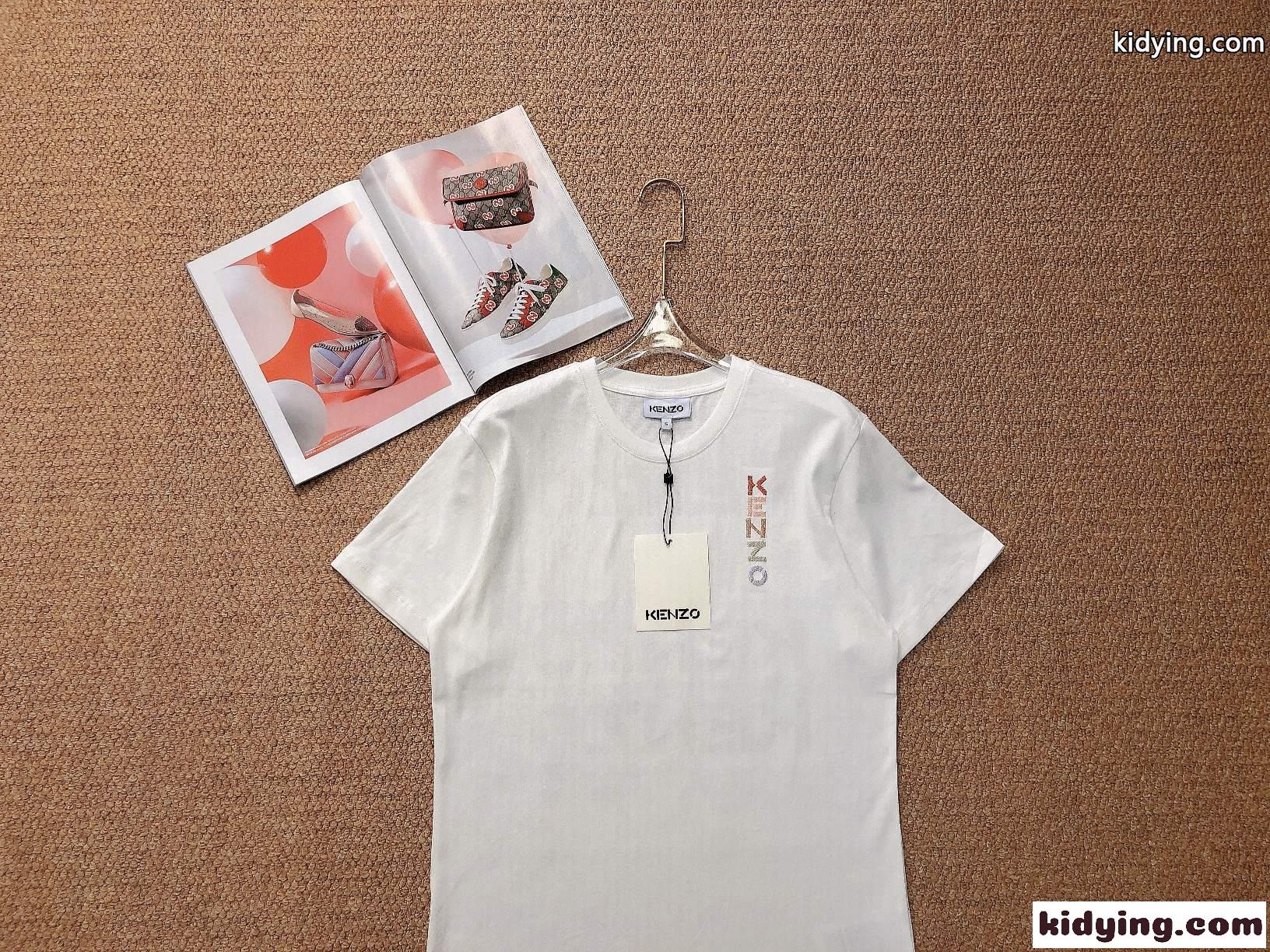 グラデーション ロゴ 刺繍 オシャレ クールネック コットン 着心地いい ケンゾー tシャツ レディース コピー ホワイト ブラック-1