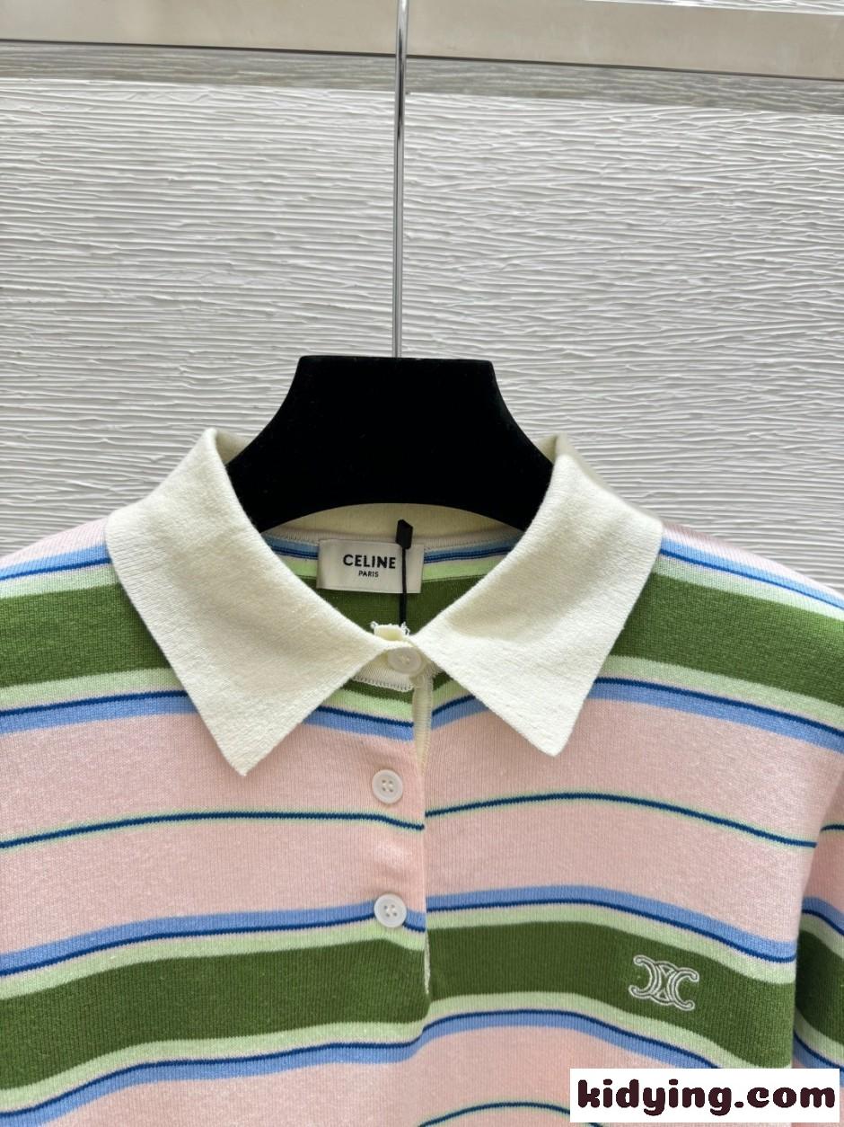 トリオンフ刺繍 マルチボーダー 長袖ポロシャツ セリーヌ Tシャツ 偽物-2