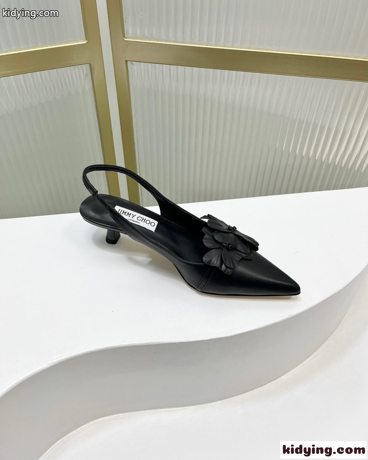フラワー付き ナッパレザー・スリングバックパンプス ジミーチュウ パンプス コピー ブラック-0