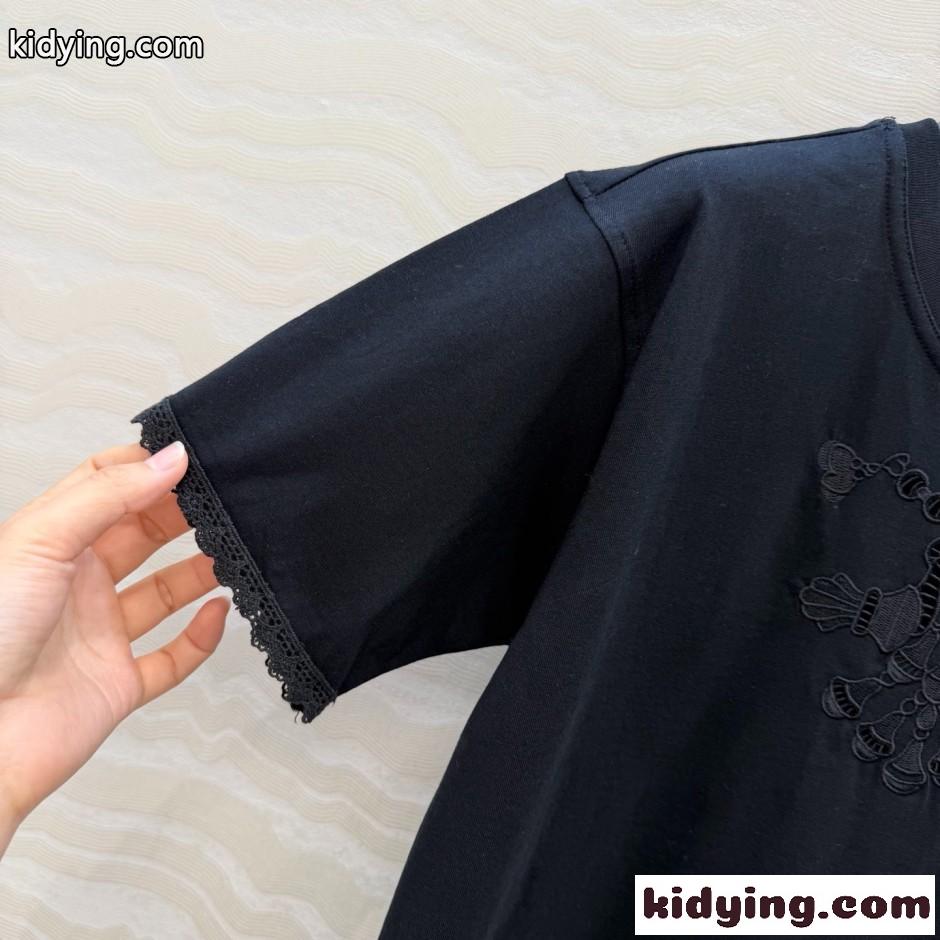 刺繍入り コットン 半袖Tシャツ エルメス Tシャツ コピー クルーネック ブラック-1