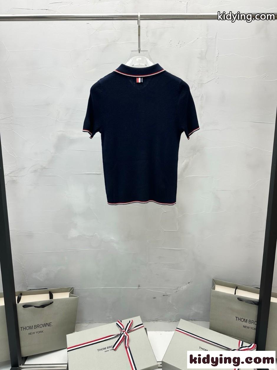 上品 洗練された 半袖 ポロニット トムブラウン ニット 偽物 ネイビー-3