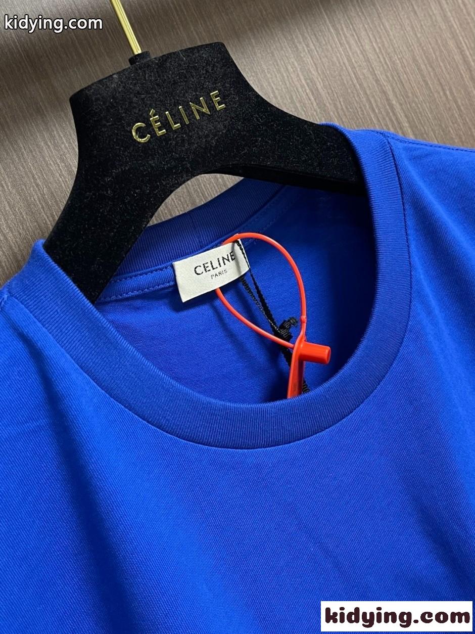 シンプル ロゴ刺繍 半袖Tシャツ セリーヌ Tシャツ 偽物 ユニセックス ブルー-4