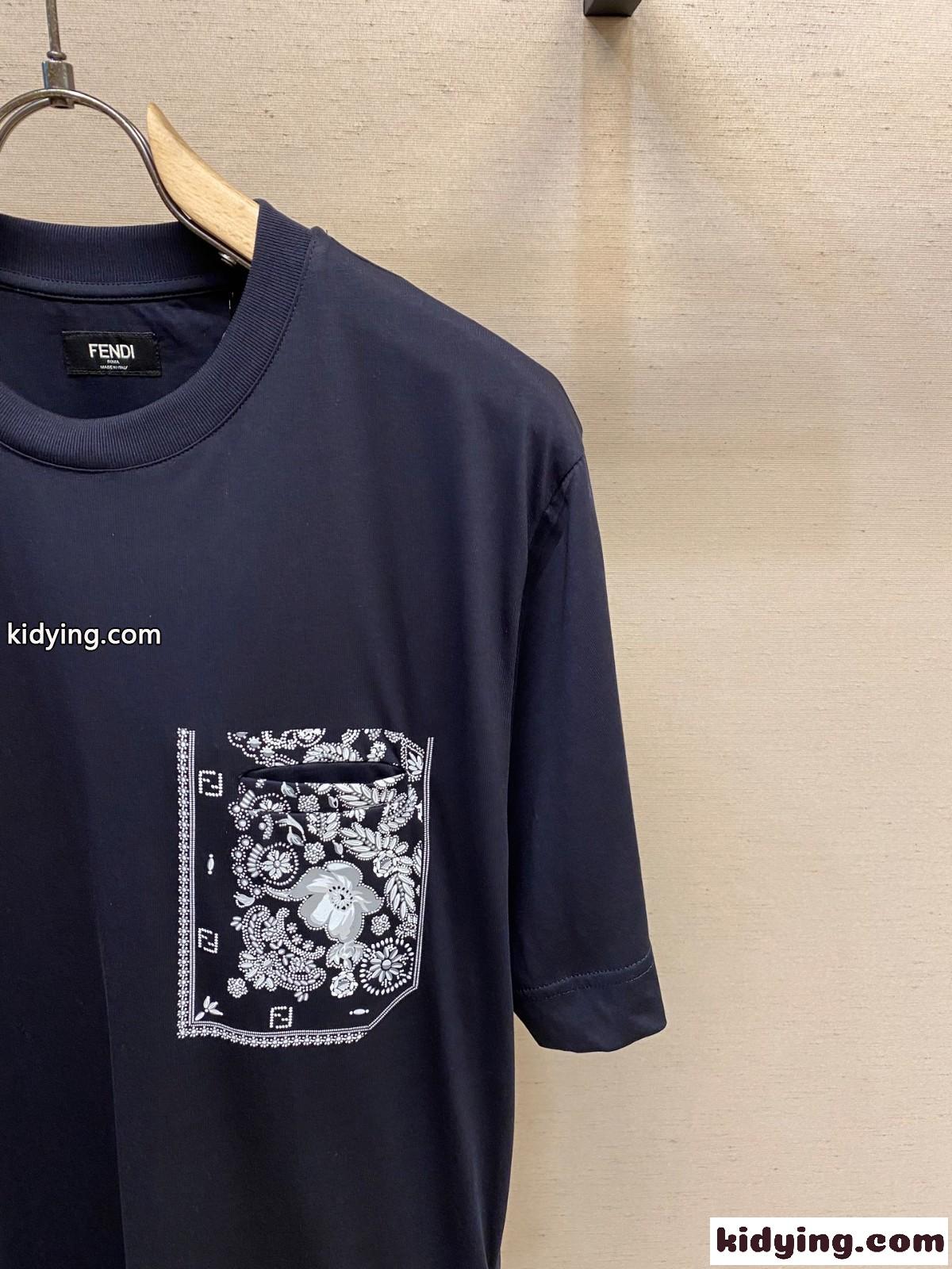 お洒落 定番 クルーネック 半袖Tシャツ フェンディ Tシャツ 偽物 コットン ダークブルー-2