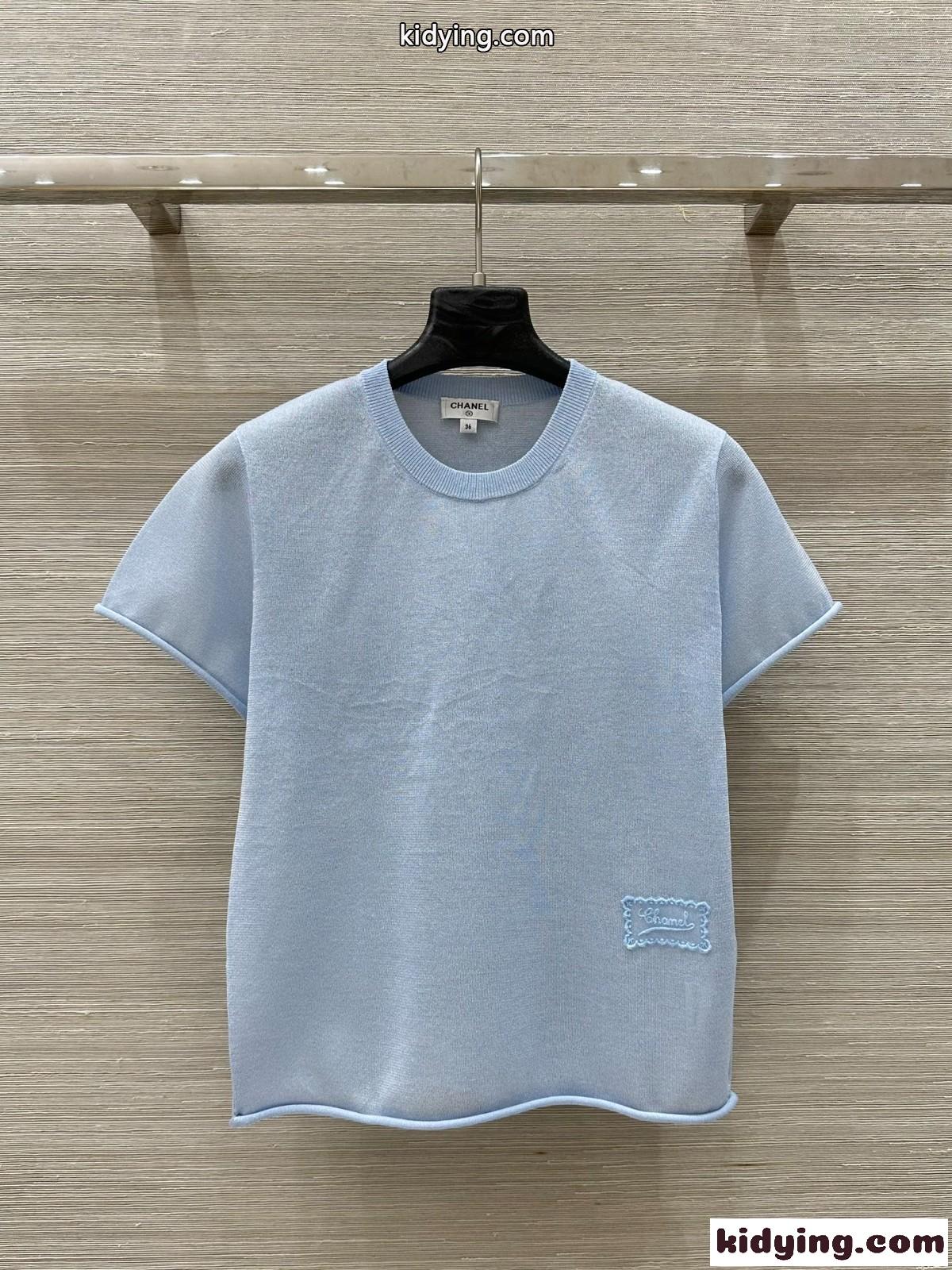 春夏 シンプル 半袖ニット トップス シャネル Tシャツ コピー ブルー-2