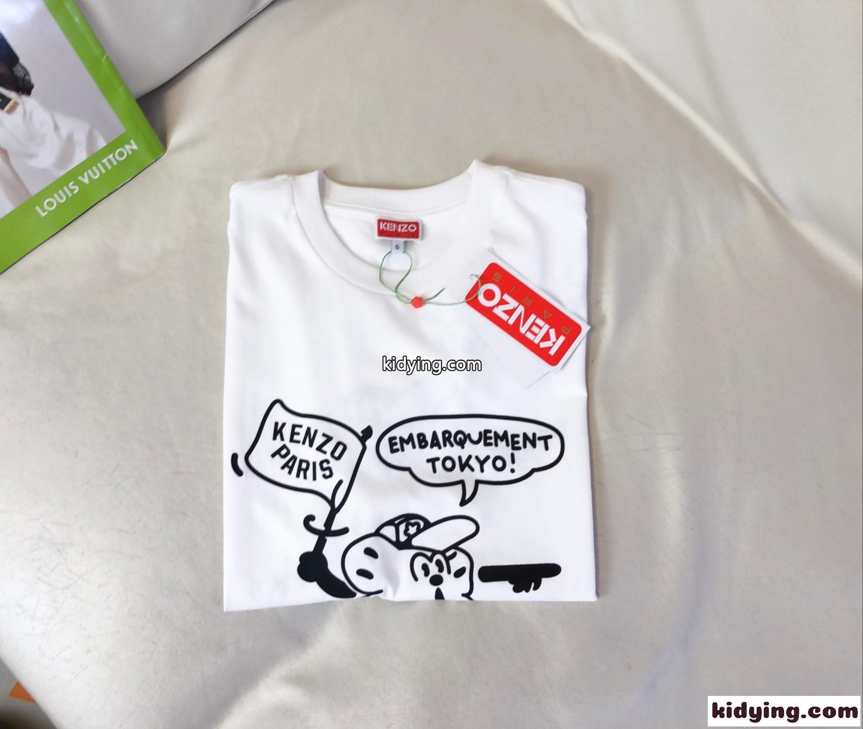 可愛い おしゃれ プリント クルーネック コットン 半袖Tシャツ ケンゾー Tシャツ コピー ホワイト-3