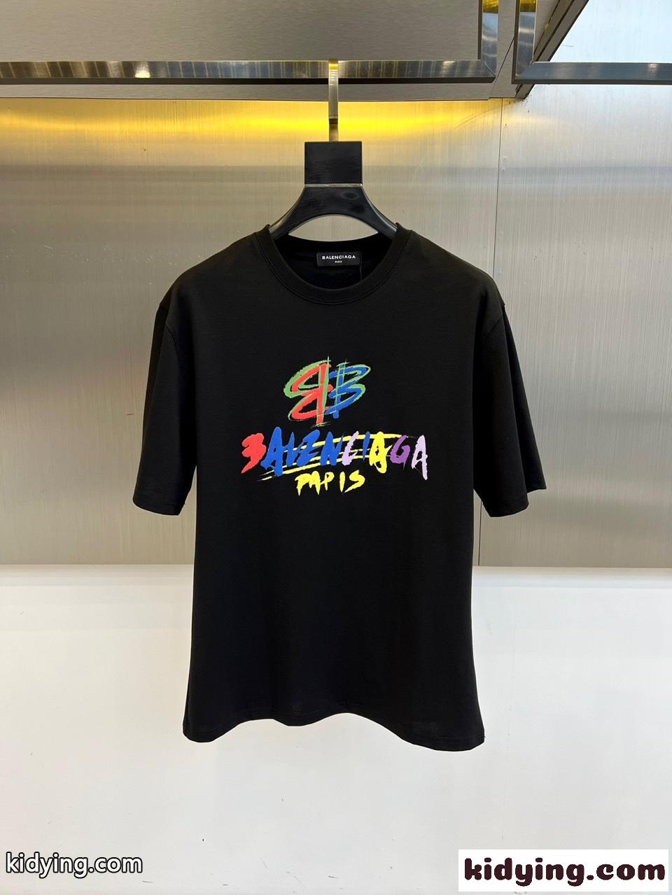 カジュアル ロゴTシャツ バレンシアガ Tシャツ 偽物 クルーネック ブラック-1