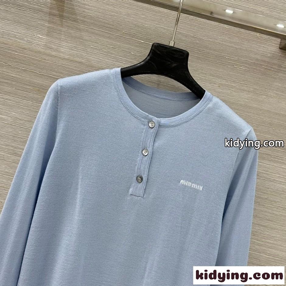 ロゴ入り ヘンリーネック カシミヤ トップス ミュウミュウ Tシャツ コピー ライトブルー-0