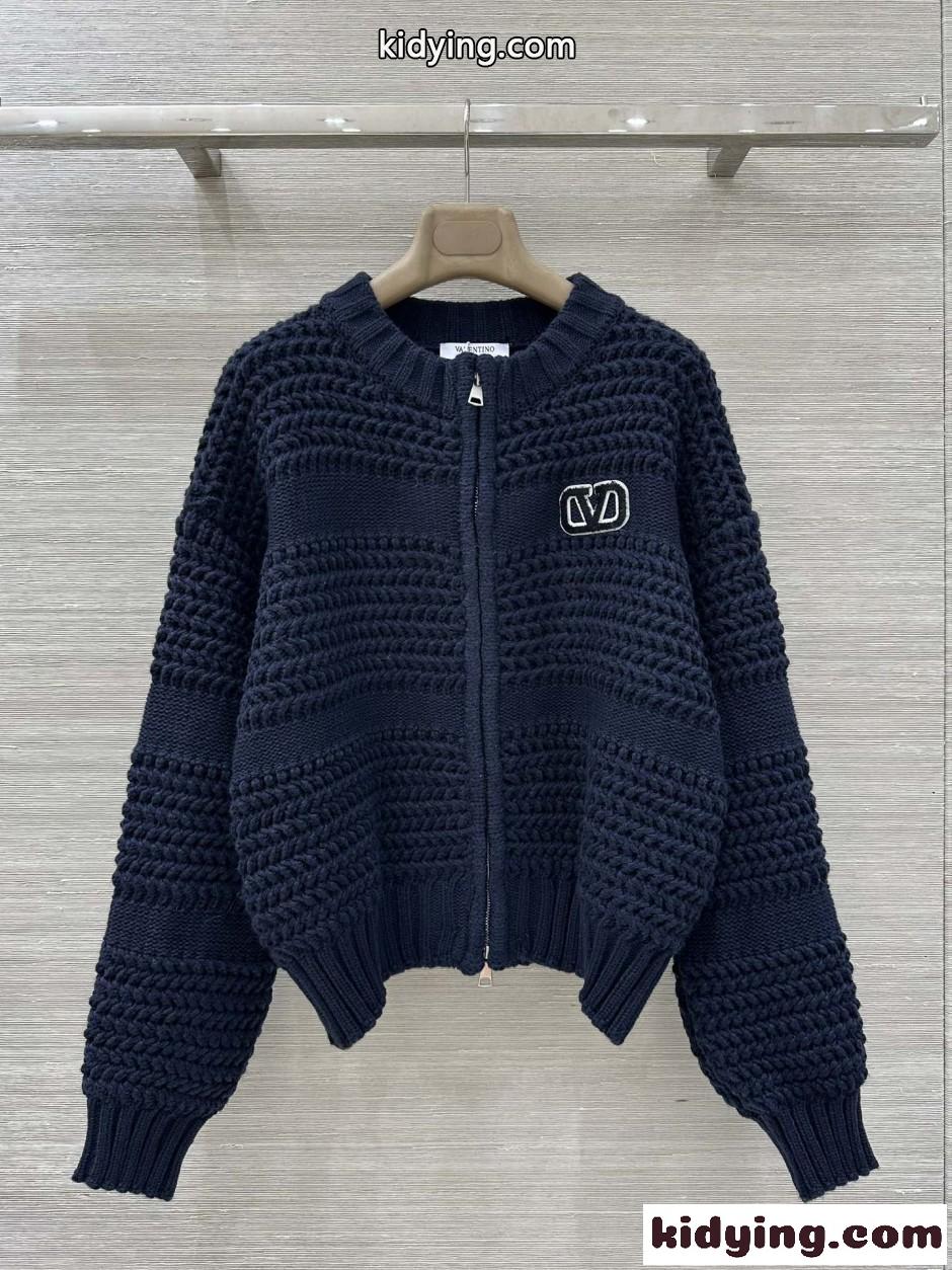 ウール&カシミヤ Vロゴ カーディガン ヴァレンティノ ニット コピー クルーネック ネイビー-2