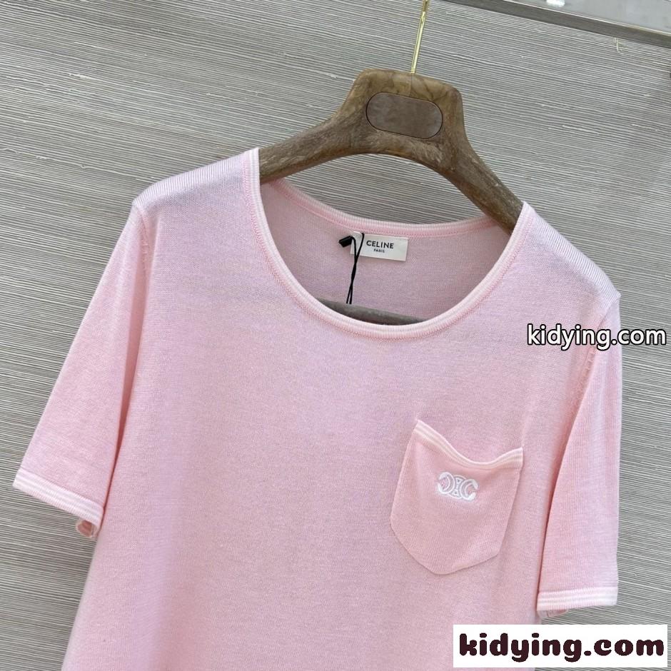 トリオンフ刺繍 クルーネックニットTシャツ セリーヌ Tシャツ 偽物 ピンク-2