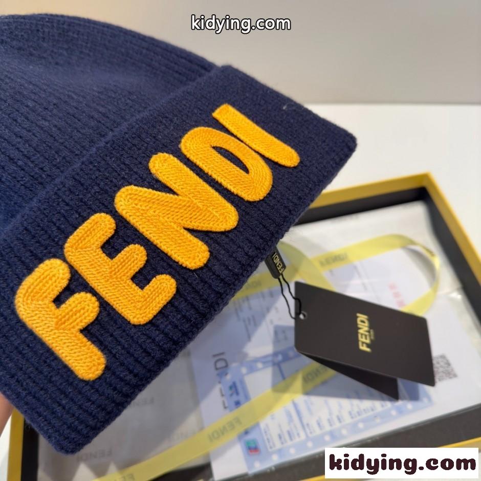 ユニセックス フェンディ キャップ コピー FENDI ロゴ ニットキャップ ブルー-1