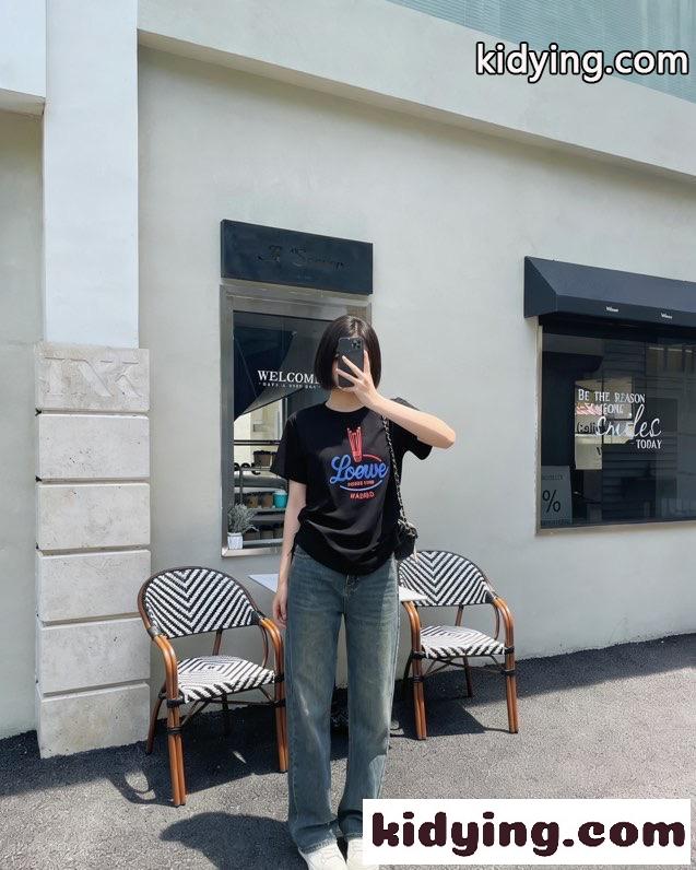 おしゃれ ロゴ コットン 半袖Tシャツ ロエベ Tシャツ 偽物 クルーネック ブラック-3