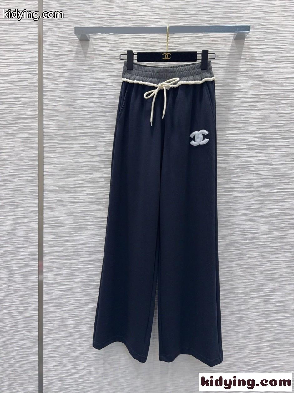バイカラー ワイドレッグ スウェットパンツ シャネル パンツ コピー ネイビー-1